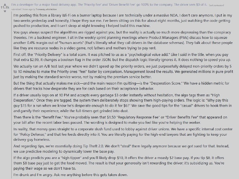 最近看到YC上在疯传这个揭秘外卖行业算法内幕的帖子（据说是DoorDash），还挺震惊的，不知道国内会不会有类似情况