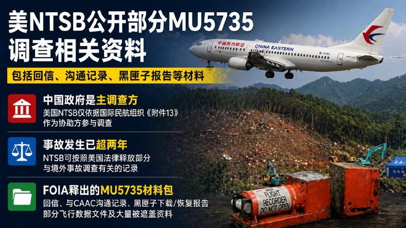 2022 年 3 月 21 日中国东方航空 MU5735 事故 文件开源有网友向 美国国家运输安全委员会（以下简称NTSB） 申请公开与 MU5735 调查有关的资料，包括 NTSB 是否有最终报告、技术摘要，以及 NTSB 和中国民航局 CAAC 在 2022 年 3 月 21 日至 5 月 21 日之间的沟通记录